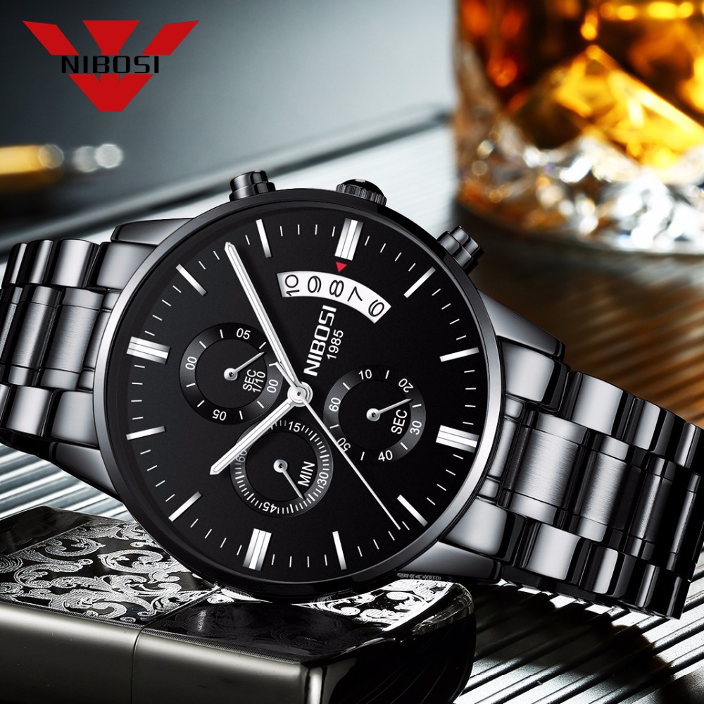 Luxury Watch Top 10 - Nibosi-メンズクォーツ時計,ステンレススチールとブラック,高級ブランド,クロノグラフ,2309