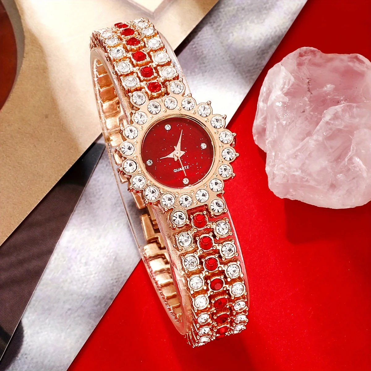 Luxury Watch Gift For Her - 2 ピース/セットレディース腕時計高級ラインストーンクォーツブレスレットウォッチ & チェリーブレスレット、ママへのギフト