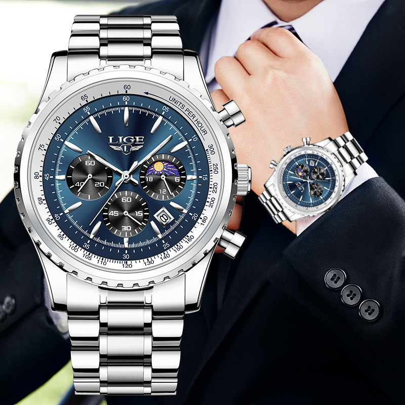 Luxury Watch Maker - Lige-メンズラグジュアリークォーツ時計、月のフェーズ、ステンレス、カジュアル、スポーツ、防水、日付、素晴らしい腕時計、ブランド