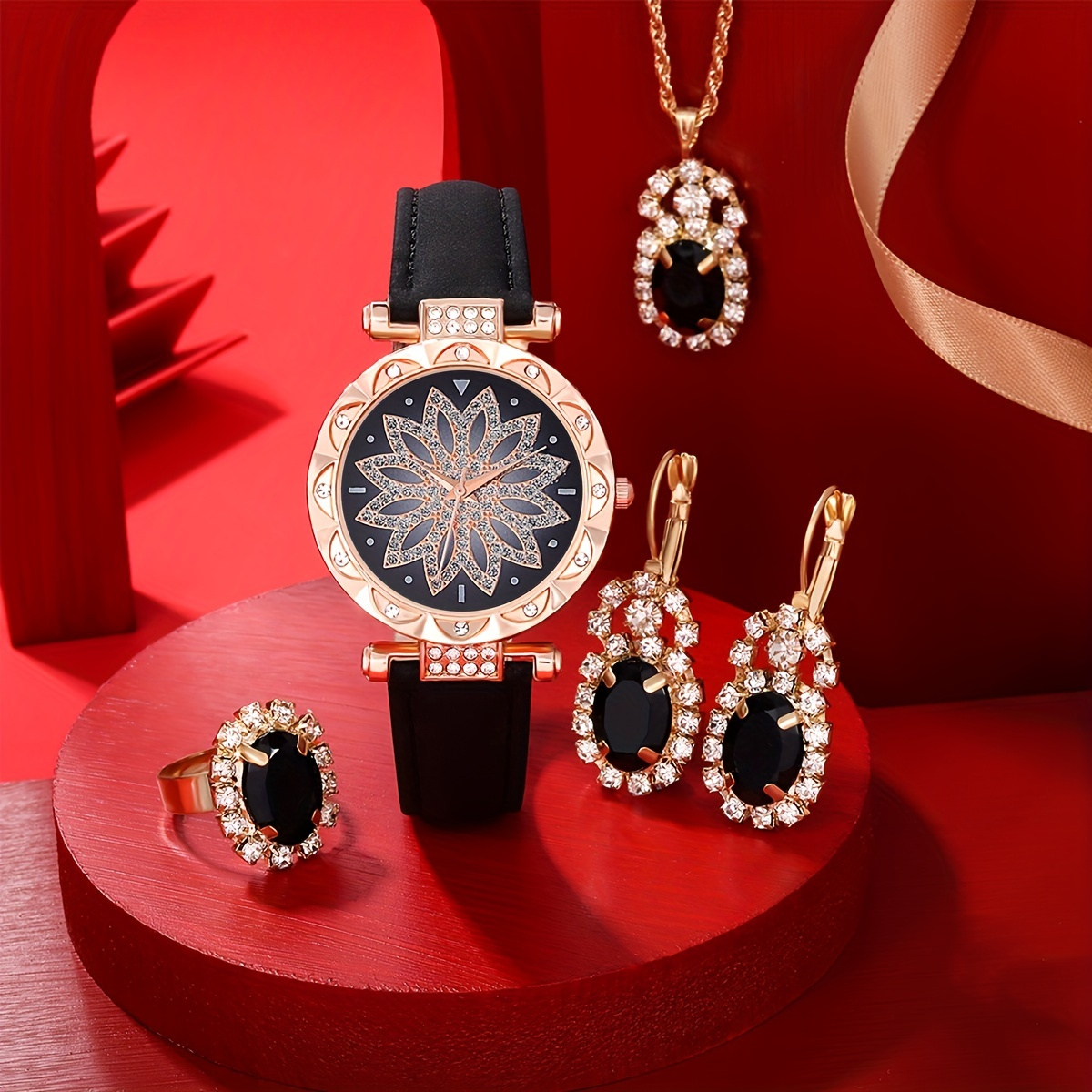 Luxury Watch Gift For Her - ラグジュアリーラインストーンクォーツウォッチ、光沢のある花模様のアナログPUレザー腕時計＆ジュエリー4点セット、お母さん/彼女へのギフト