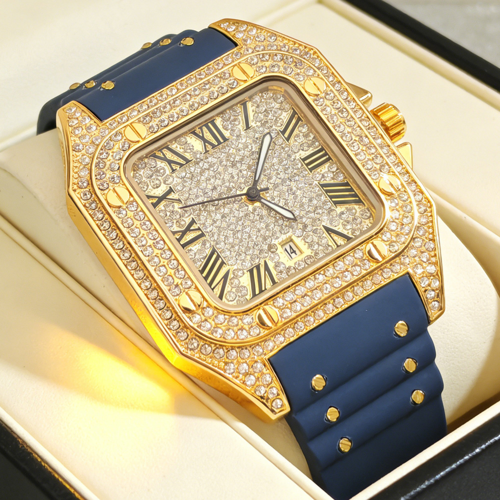 Luxury Watch Iceberg - ホットファッションスクエアフルダイヤモンドクォーツ腕時計メンズラバーストラップヒップホップアイスアウトブリンブリンジュエリー腕時計男性用時計ドロップシッピング