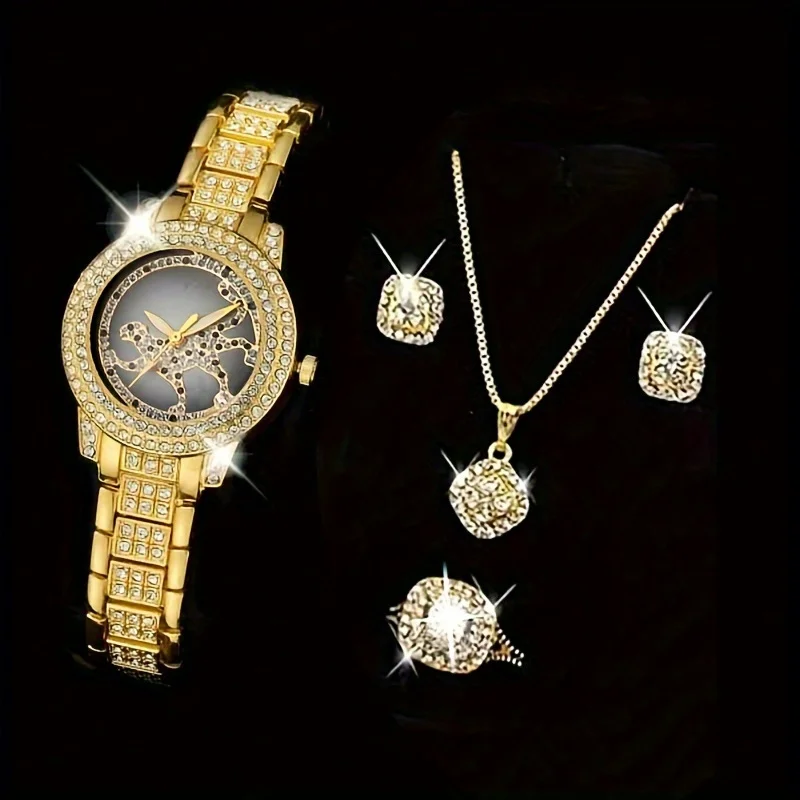 Luxury Watch Gift For Her - 5個セット レディース腕時計 チーター柄 レオパード柄 クォーツウォッチ 高級ラインストーン