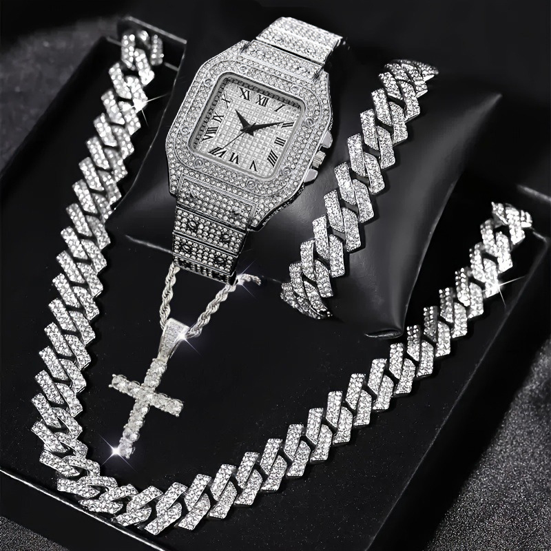Luxury Watch Iceberg - 4点セット ファッション アイスアウト スクエア メンズウォッチ キューバンチェーン
