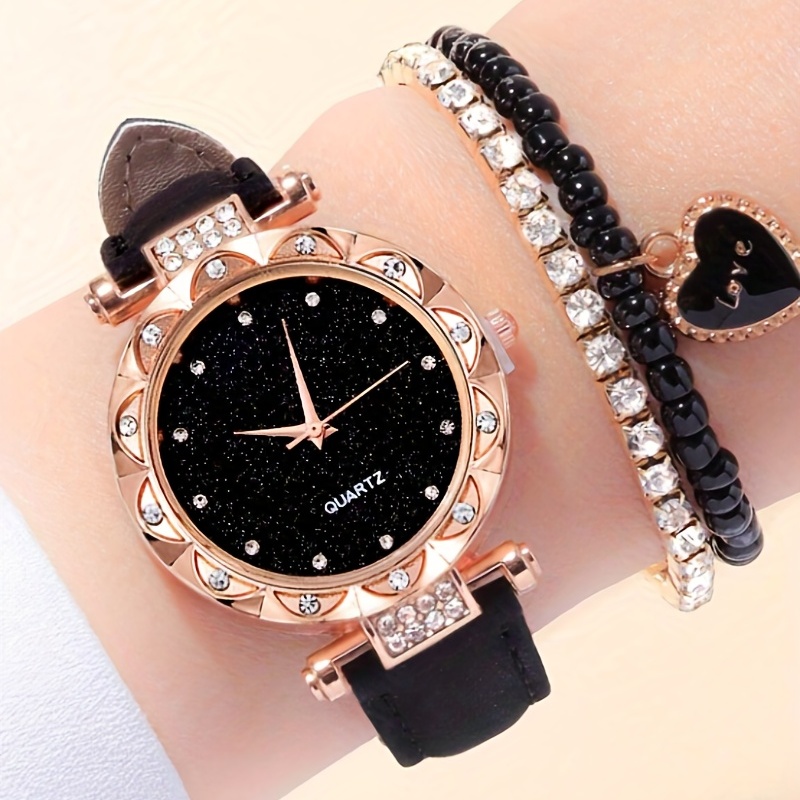 Luxury Watch Gift For Her - スターリーファッションクォーツウォッチ、ラグジュアリーラインストーンアナログPUレザー腕時計＆ブレスレット1個、女性へのギフト