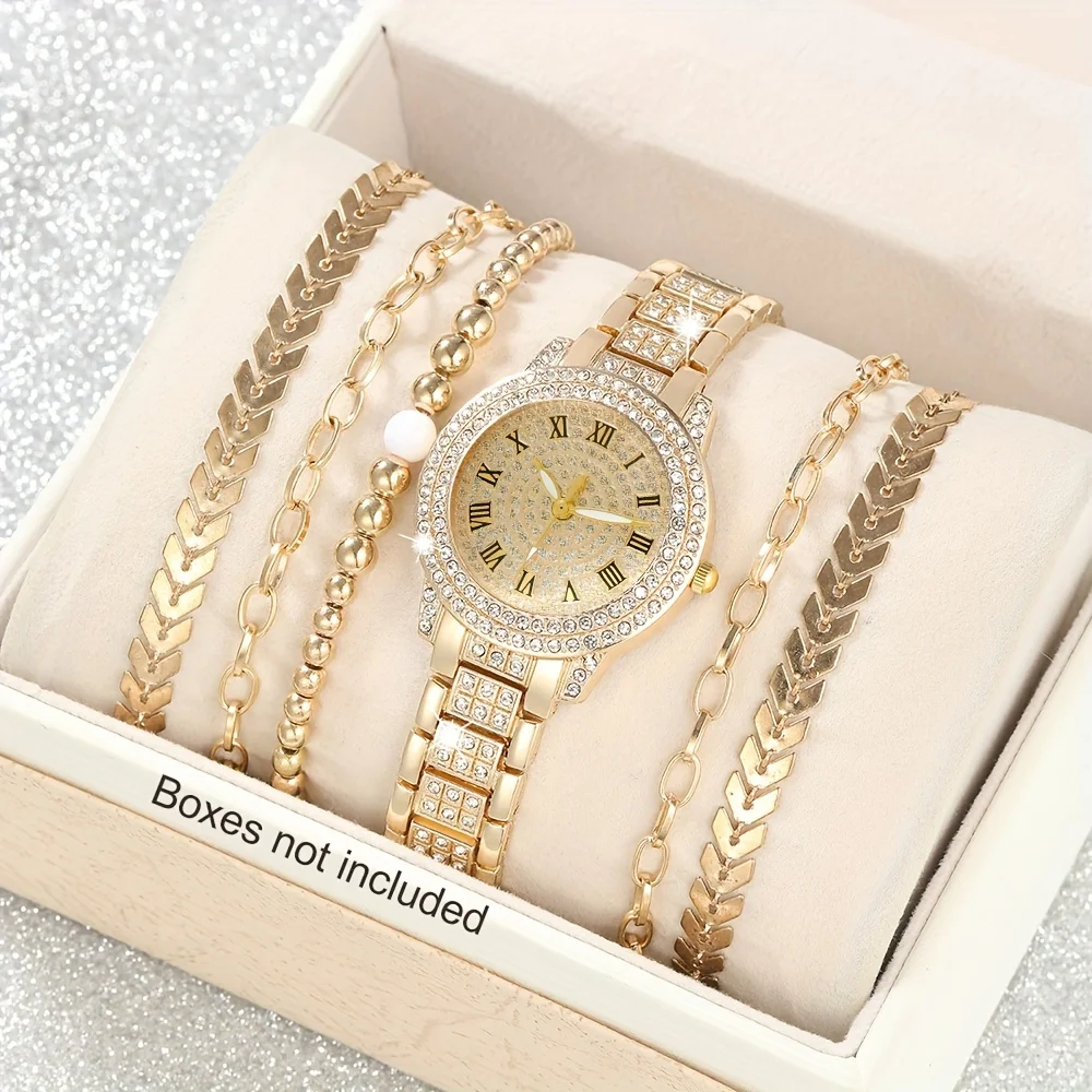 Luxury Watch Gift For Her - 女性用ラグジュアリーラインストーンクォーツ時計、ゴールデンファッション、アナログ腕時計、ブレスレット、ママへのギフト、彼女、6個セット