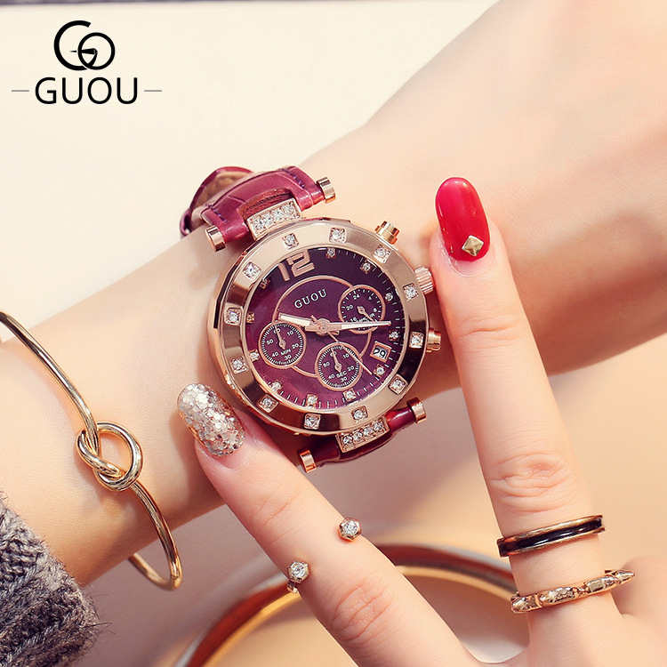 Luxury Watch Top 10 - Guou-女性のための豪華なレザーウォッチ,カレンダー,ファッション2018