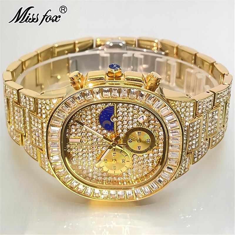 Luxury Watch Iceberg - MISSFOX 高級ゴールド腕時計メンズファッションアイスアウトクォーツ腕時計ヒップホップスクエアダイヤモンドムーンフェイズ時計リロイドロップシッピング