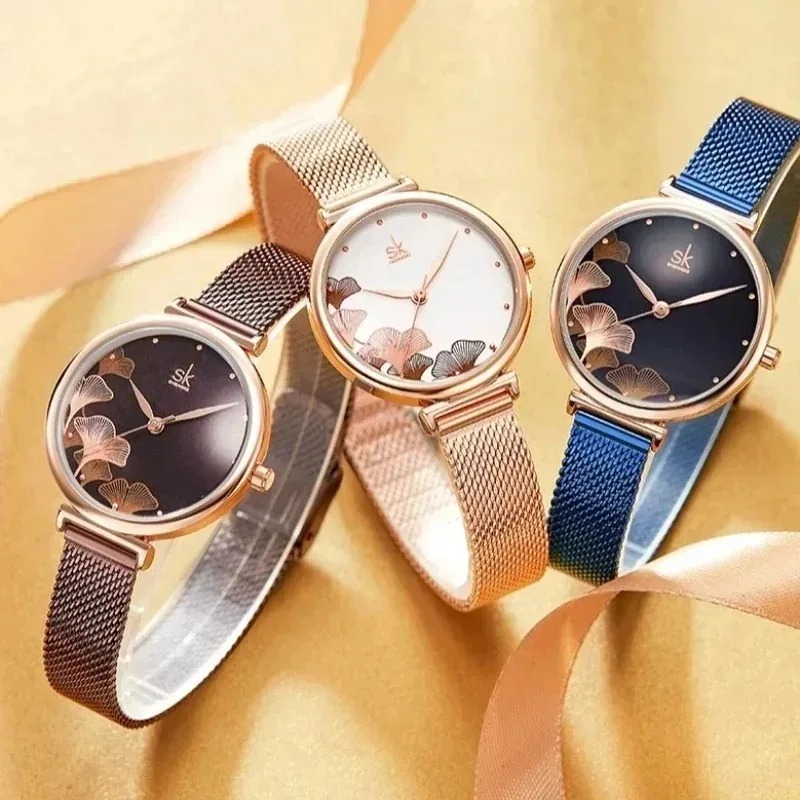 Luxury Watch Gift For Her - 高級レディース腕時計 イチョウの葉柄 エレガント クォーツ防水 ステンレスメッシュバンド 日常着用・ホリデーギフト向け