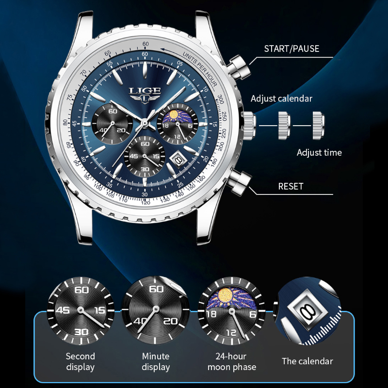 Lige-メンズラグジュアリークォーツ時計、月のフェーズ、ス - Luxury Watch Maker のレビューと価格