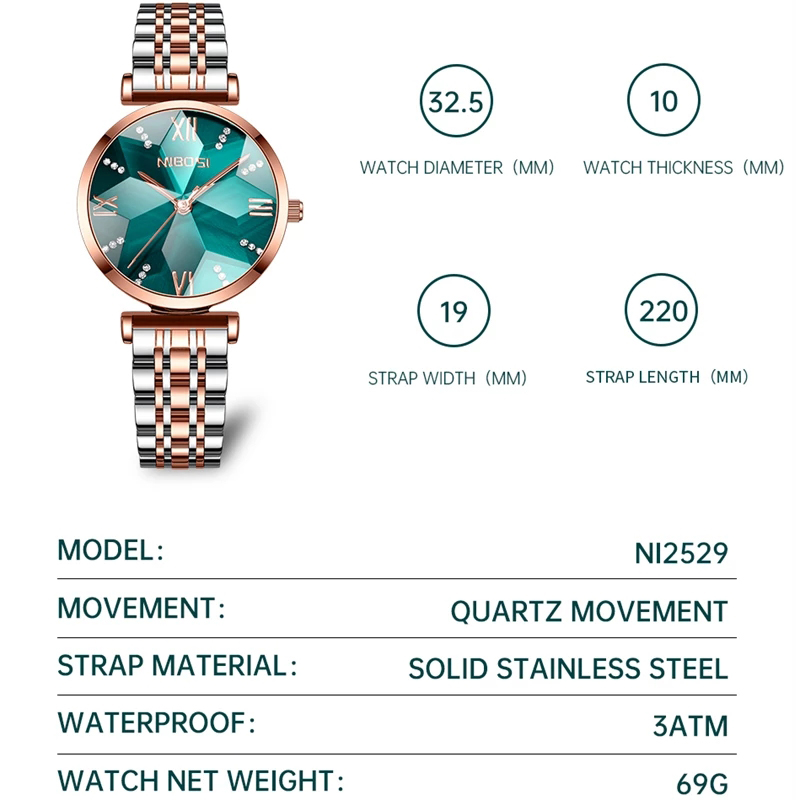 Nibosi-女性用ダイヤモンドミラー付きクォーツ時計,高級 - Luxury Watch Top 10 のレビューと価格