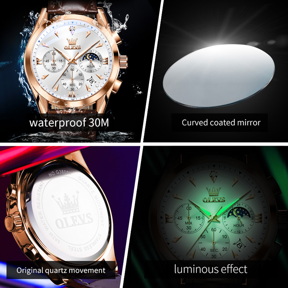 Olevs-メンズレザークォーツ時計,防水,発光,カレンダー - Luxury Watch Investment のレビューと価格